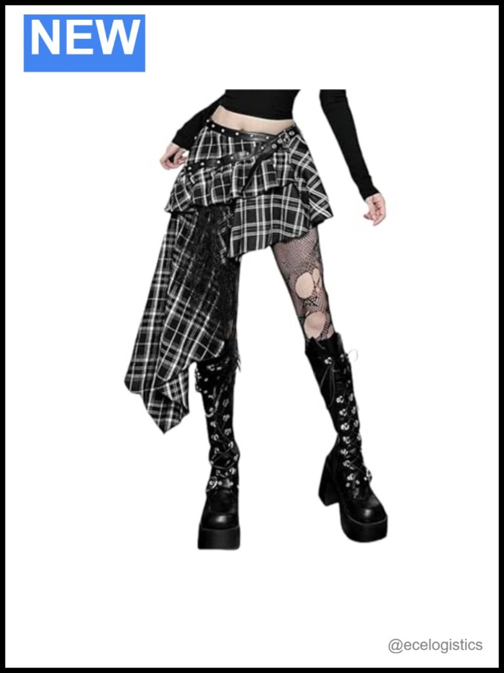 Asymmetrical Layered High Low Plaid Skirt Buckle A-Line Grunge Punk